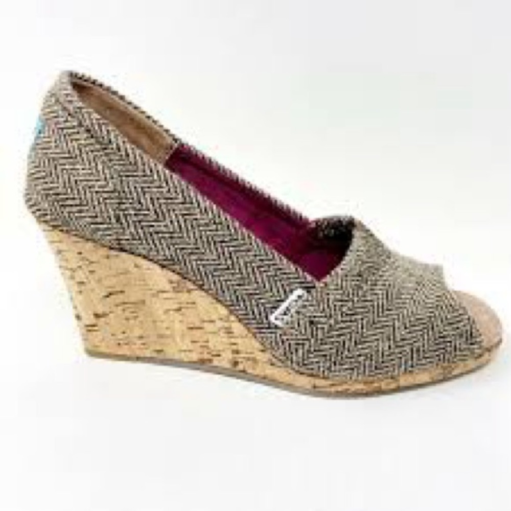 Toms Wedge Heels Womens Size 9.5wBrown Tan Herringbone Tweed Peep Toe CorkPadded